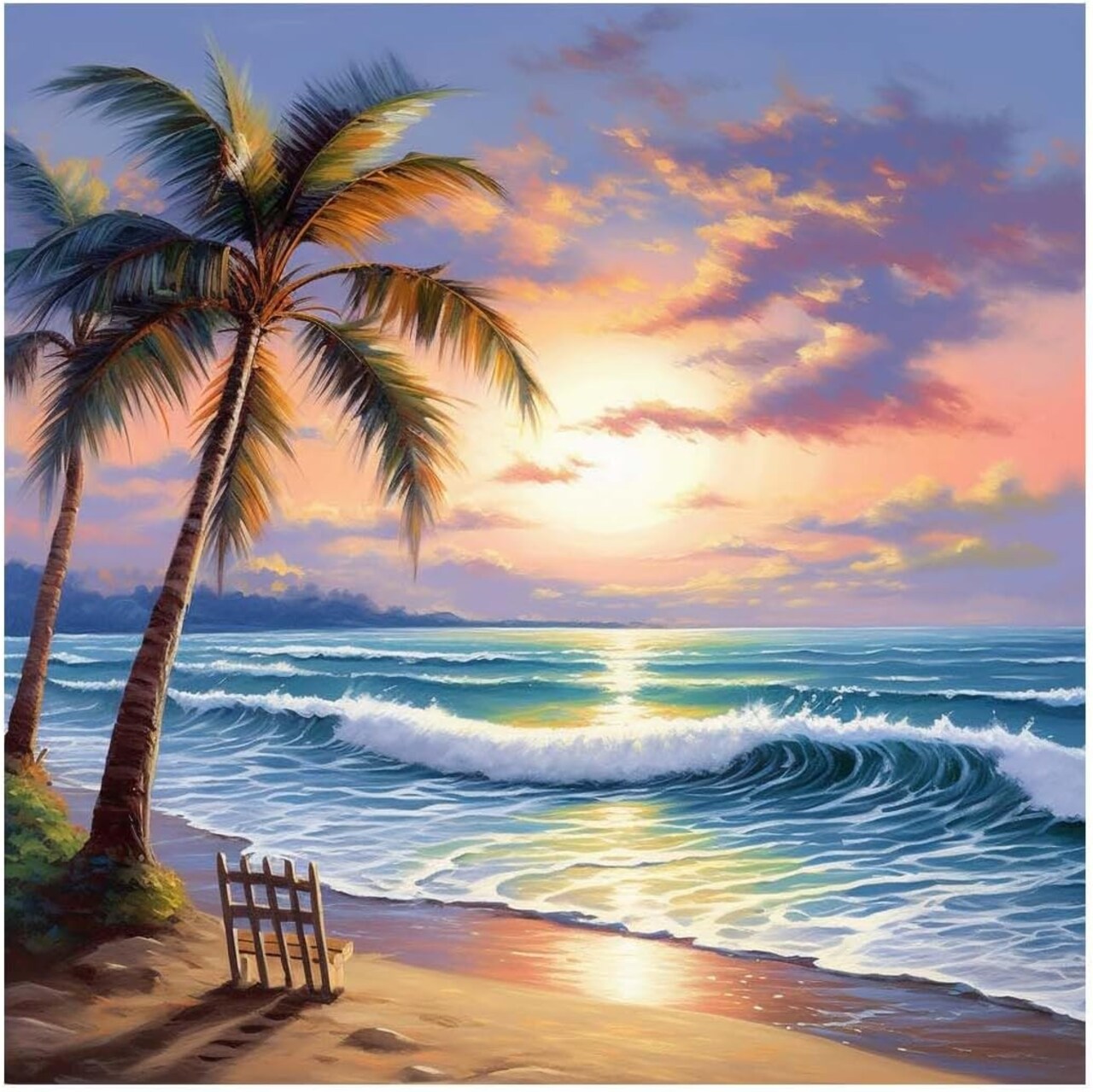 5D Coconut Tree Diamond Art Beach Sunset Diamond Painting Kit for Adults, DIY Full Drill Crystal Rhinestone Arts and Crafts (s12X12)